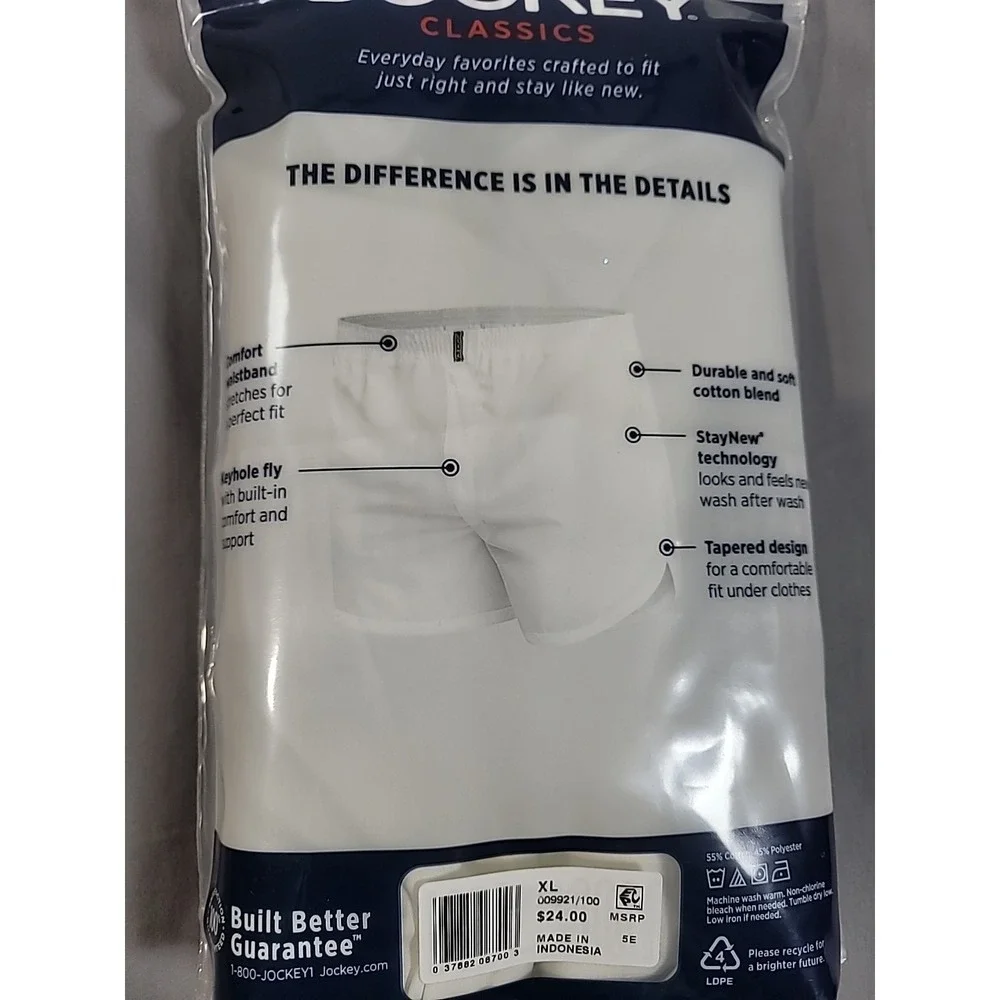 2 Pack Jockey XL(40-42)‎ Classics Tapered Woven Boxers Underwear Men White